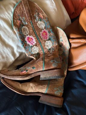 Anderson Bean Brown Leather Western Boots with Turquoise and Pink Embroidery